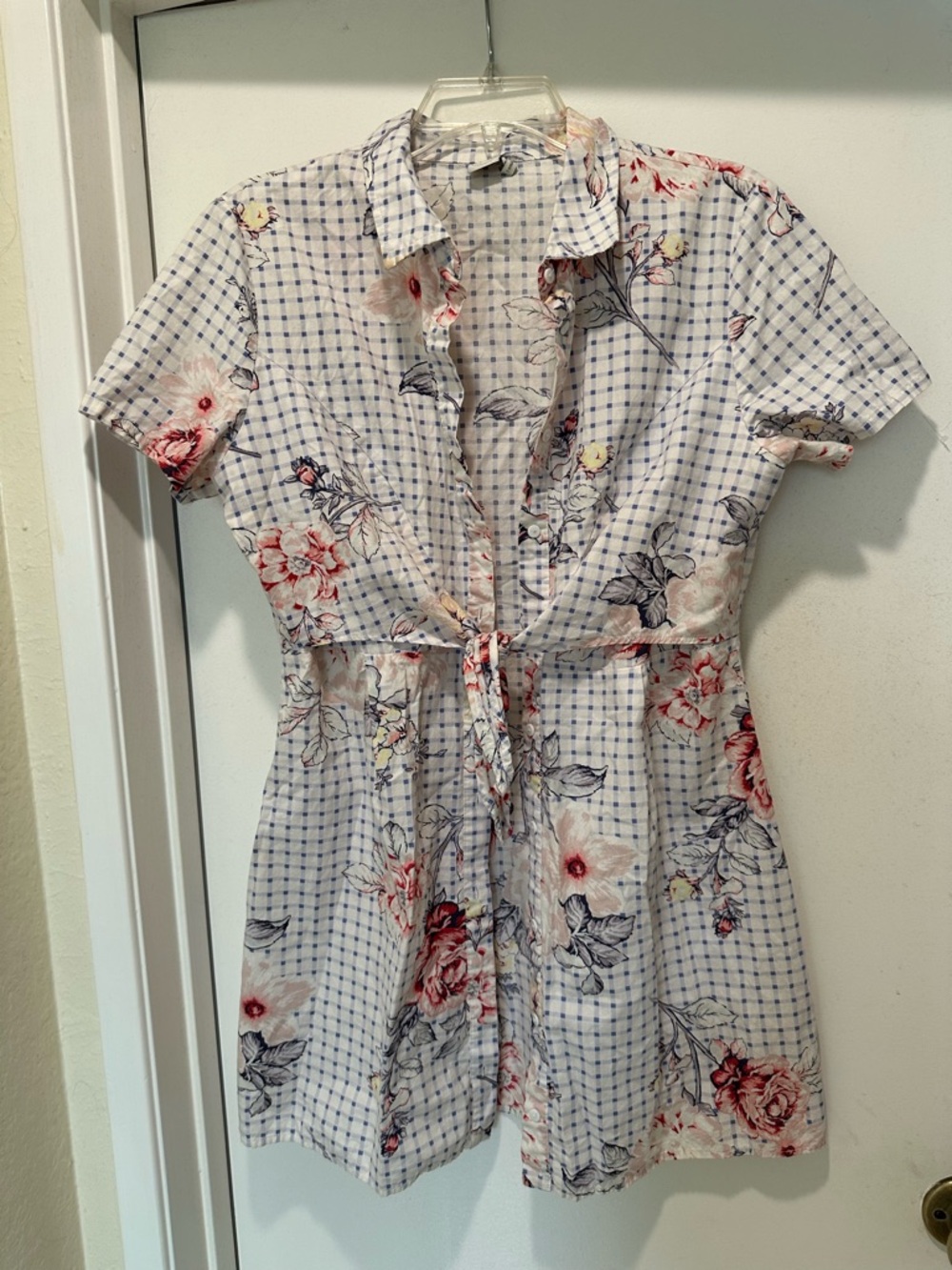 Paper Crane Blue Gingham Dress with Floral Accents